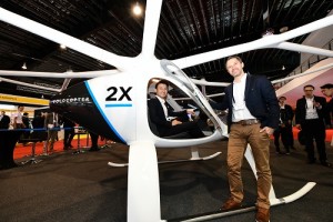 "Mr Baey Yam Keng, Senior Parliamentary Secretary, Ministry of Transport, and Mr Florian Reuter, CEO, Volocopter, with the Volocopter 2X aircraft, which made its Asia debut at Rotorcraft Asia 2019 and Unmanned Systems Asia 2019."